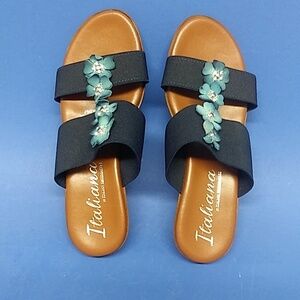 Italiana Slide Sandals Blue Elastic Upper Silk Flowers Wedge Heels 1.5" Size 7M